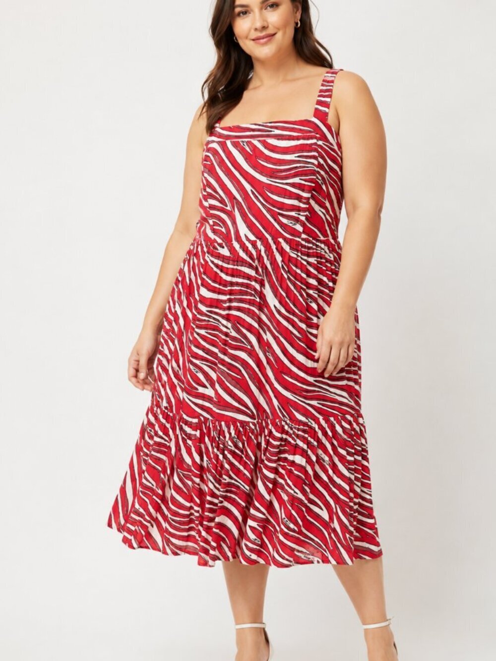 Michael Michael Kors Zebra Print Tiered Midi Dress Geranium Red 1X